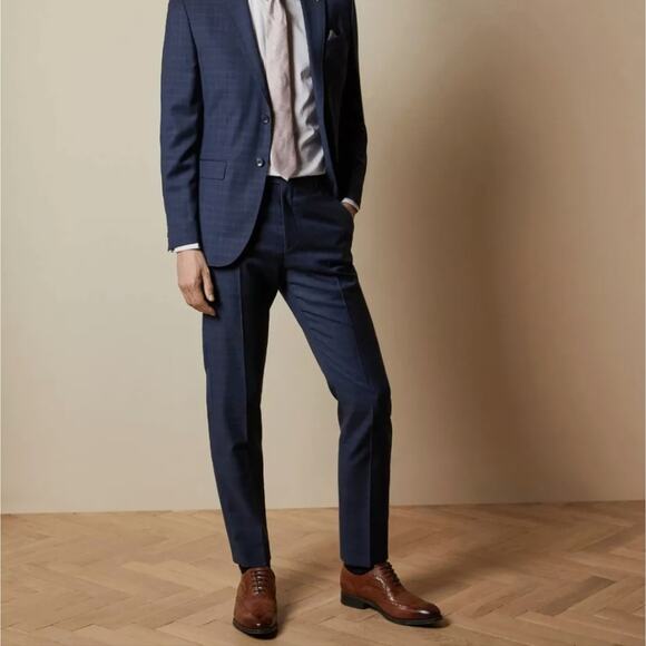 NEW Ted Baker West Debonair Subtle Check Wool Trouser Navy Blue - Picture 1 of 14